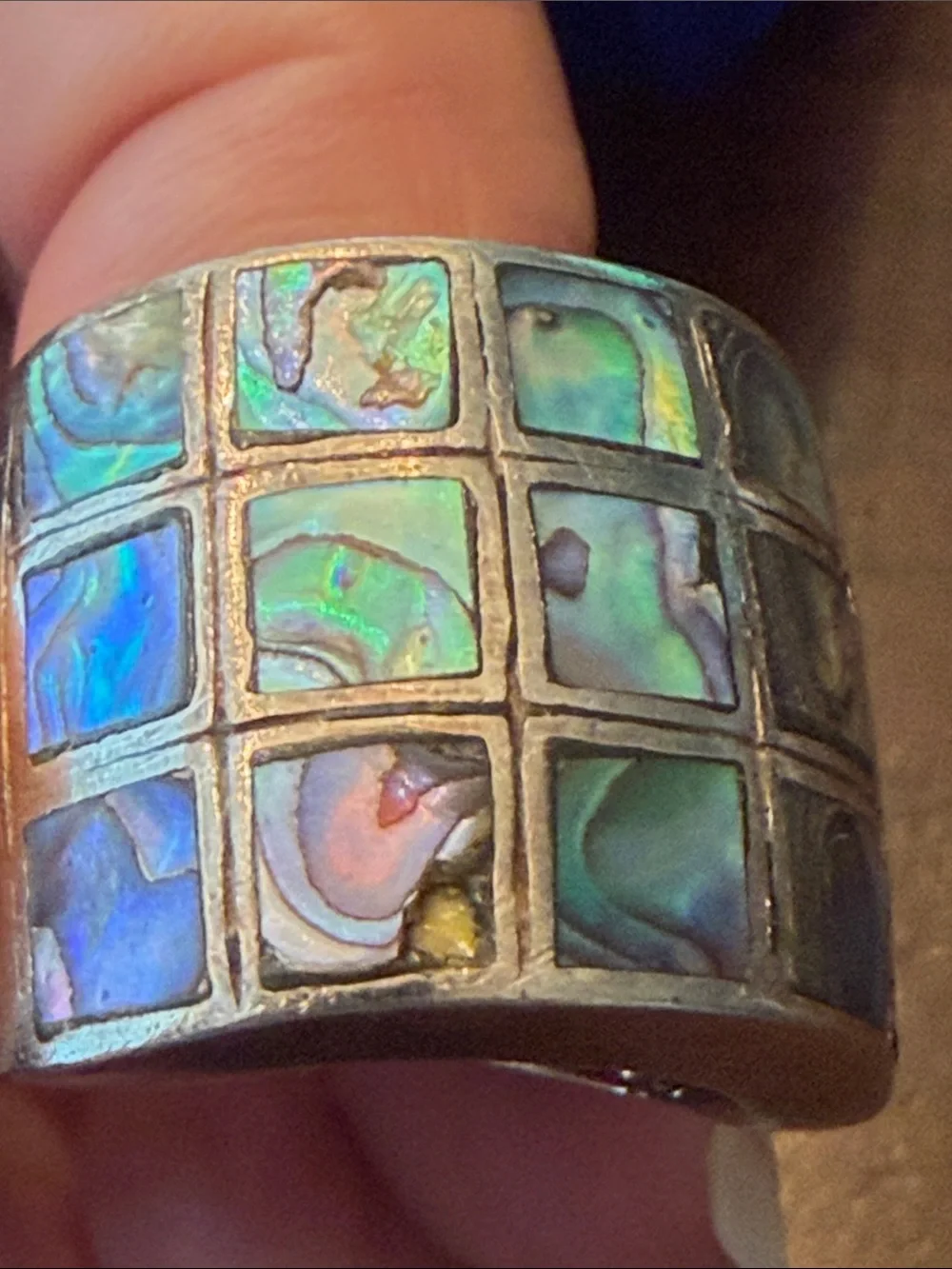Wide Abalone Inlay Statement Ring in Iridescent Green-Blue AS-IS